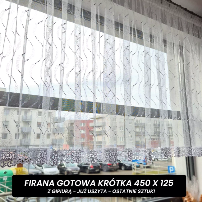 Firany gotowe krótkie - Firana krótka do parapetu z gipiurą - Zuzanka 450 x 125
